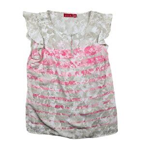Elle Blouse Womens Size Medium Sleeveless, Flutter Top Shirt Pink Floral Striped